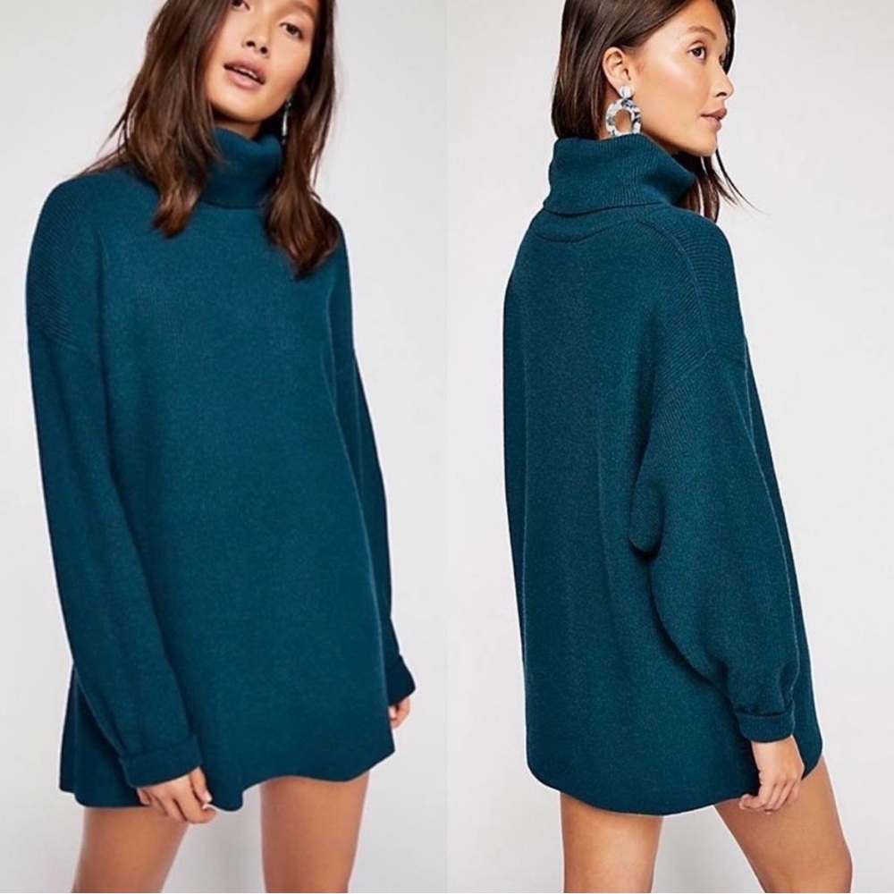 Free People Teal Cowl Neck Sweater Cozy Knit